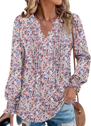 BETTE BOUTIK Long Sleeve Shirts for Women Fall Tops Dressy Blouses Pleated V Neck Tunic Tops for Leggings S-3XL