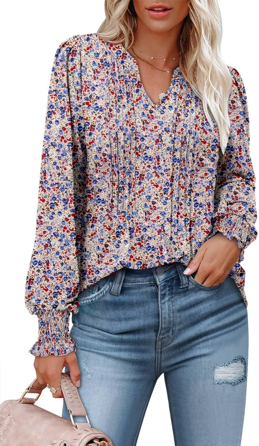 BETTE BOUTIK Long Sleeve Shirts for Women Fall Tops Dressy Blouses Pleated V Neck Tunic Tops for Leggings S-3XL