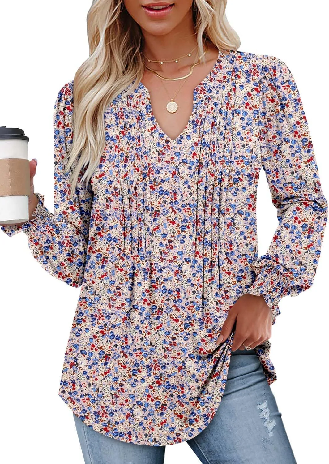 BETTE BOUTIK Long Sleeve Shirts for Women Fall Tops Dressy Blouses Pleated V Neck Tunic Tops for Leggings S-3XL