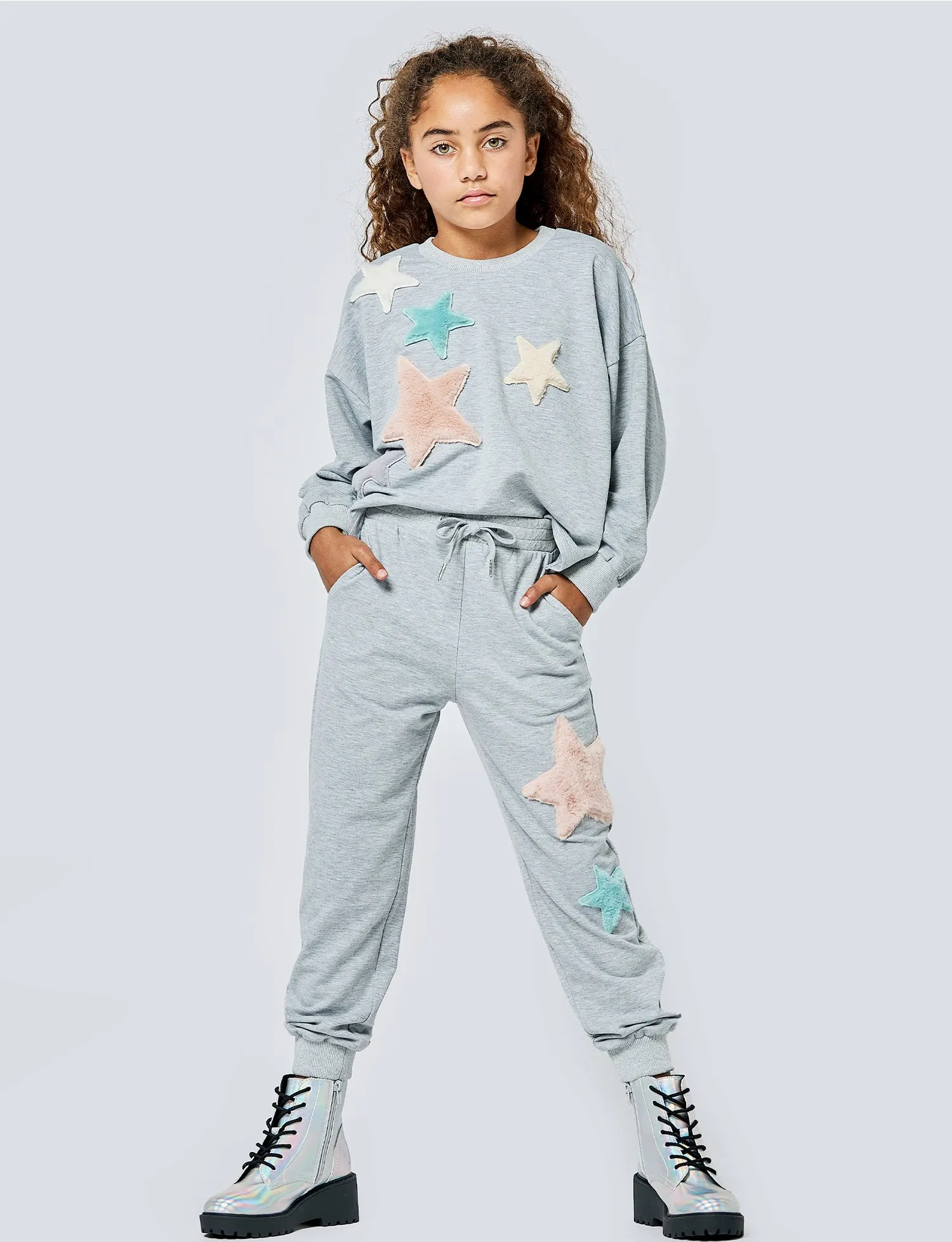 Big l Tween Girls Sporty Faux Fur Pastel Stars Pullover Sweatshirt