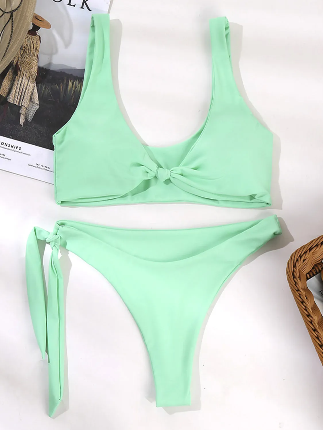 Bikini Set Two Piece Knot Detail Wide Strap Side Tie Bottoms Swimsuit Set Nylon