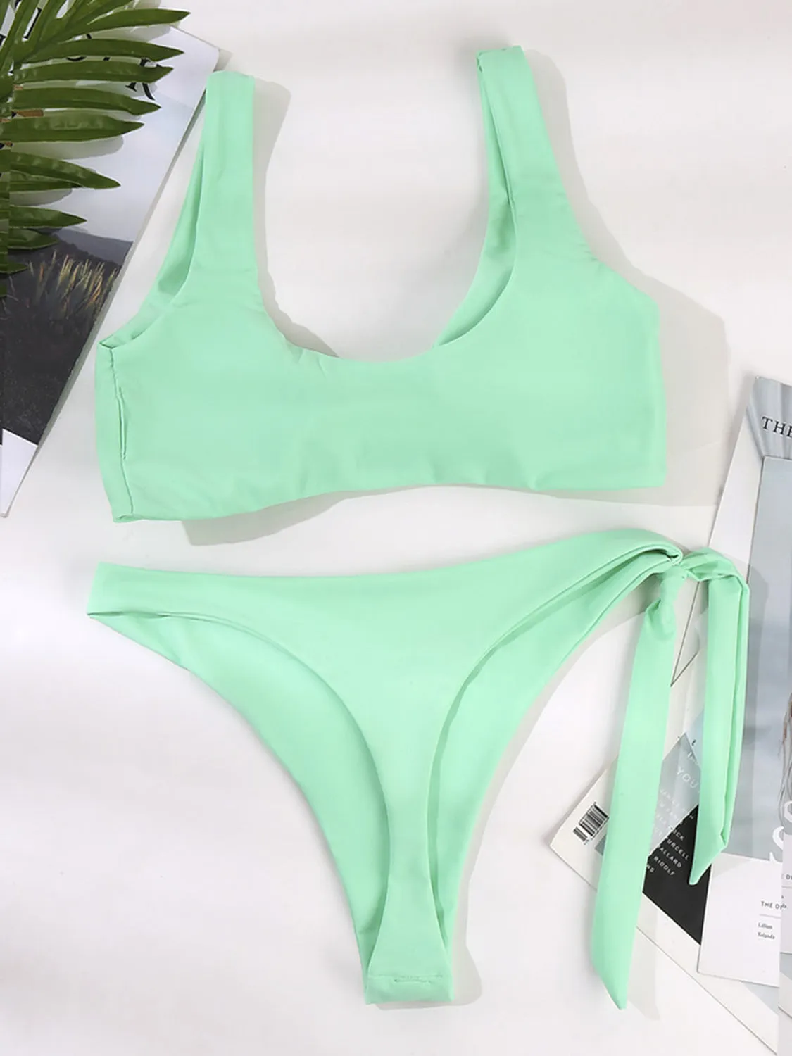 Bikini Set Two Piece Knot Detail Wide Strap Side Tie Bottoms Swimsuit Set Nylon