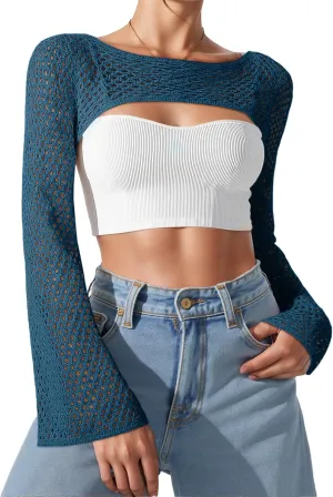 Bloggerlove Crochet Crop Tops for Women Trendy Bolero Hollow Out Shrug Sweaters Sexy Beach Cover Ups Y2K Tops S-XL
