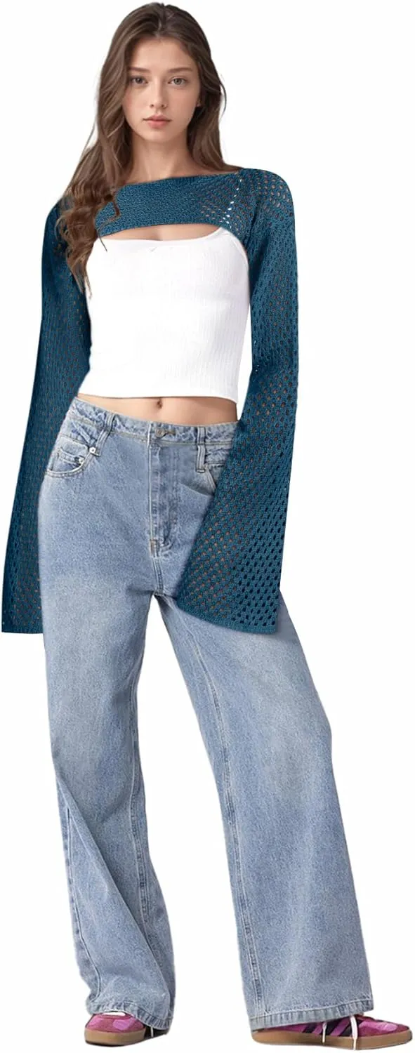Bloggerlove Crochet Crop Tops for Women Trendy Bolero Hollow Out Shrug Sweaters Sexy Beach Cover Ups Y2K Tops S-XL