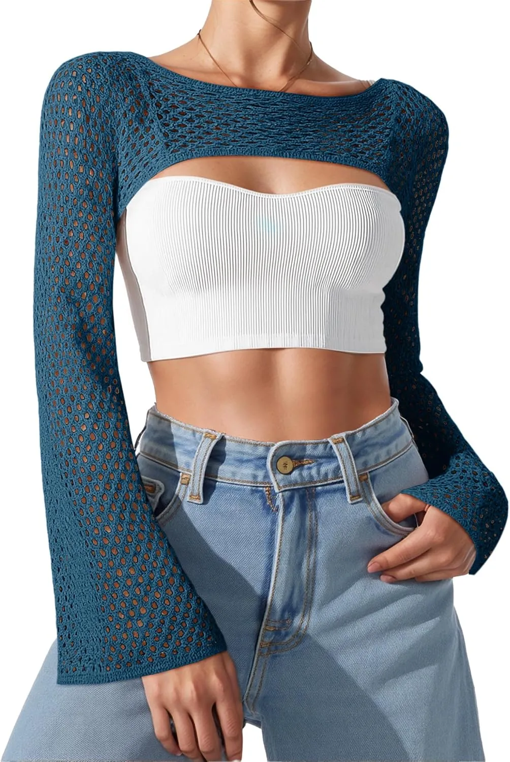 Bloggerlove Crochet Crop Tops for Women Trendy Bolero Hollow Out Shrug Sweaters Sexy Beach Cover Ups Y2K Tops S-XL