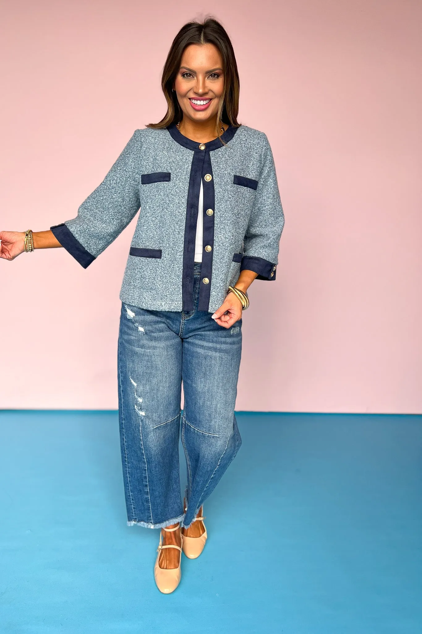Blue Wool Textured Pocket Accent Button Jacket