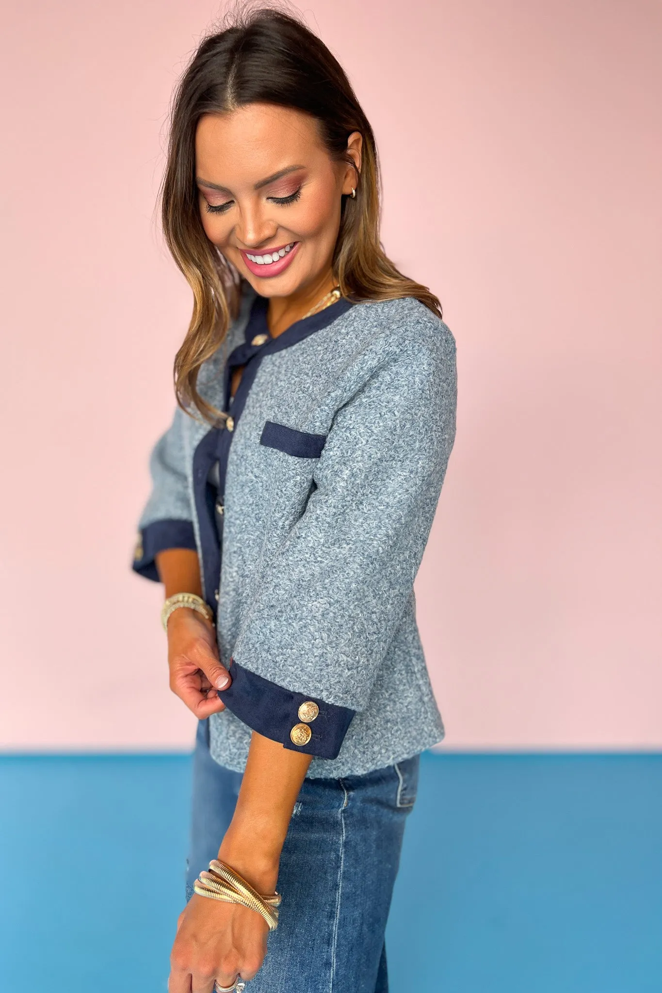 Blue Wool Textured Pocket Accent Button Jacket