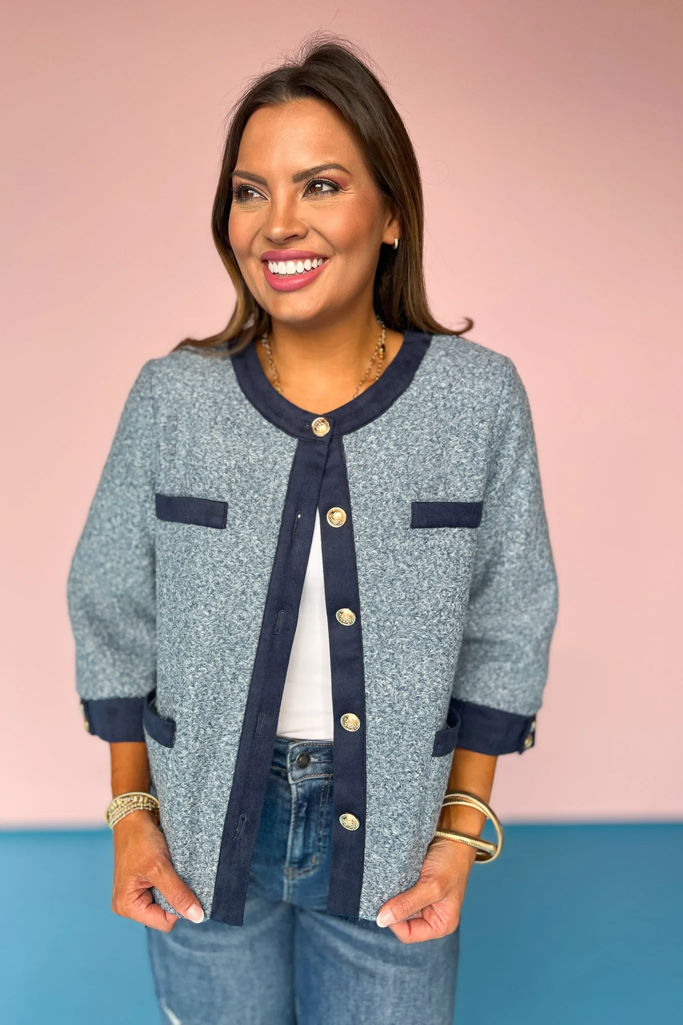Blue Wool Textured Pocket Accent Button Jacket