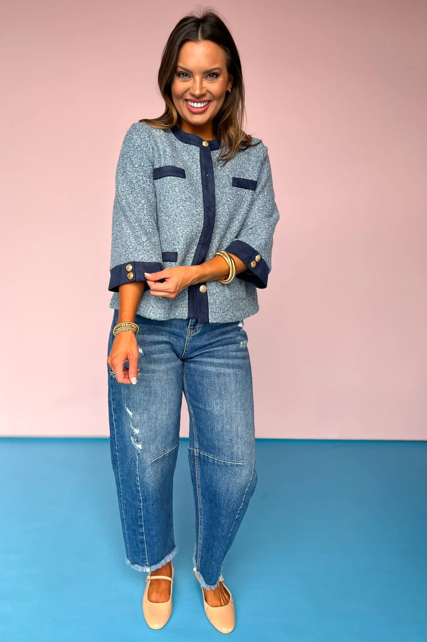 Blue Wool Textured Pocket Accent Button Jacket