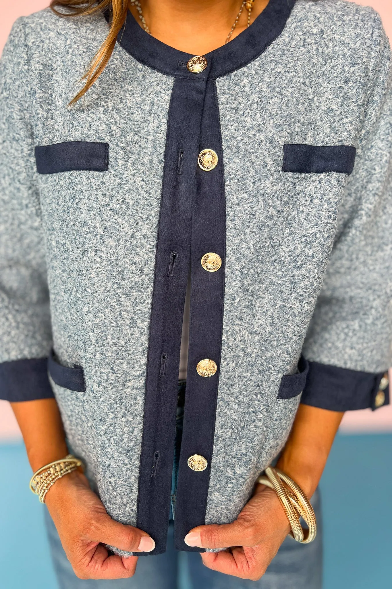 Blue Wool Textured Pocket Accent Button Jacket