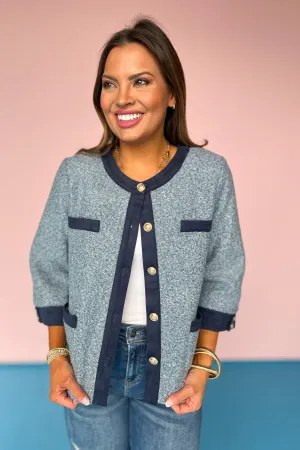 Blue Wool Textured Pocket Accent Button Jacket