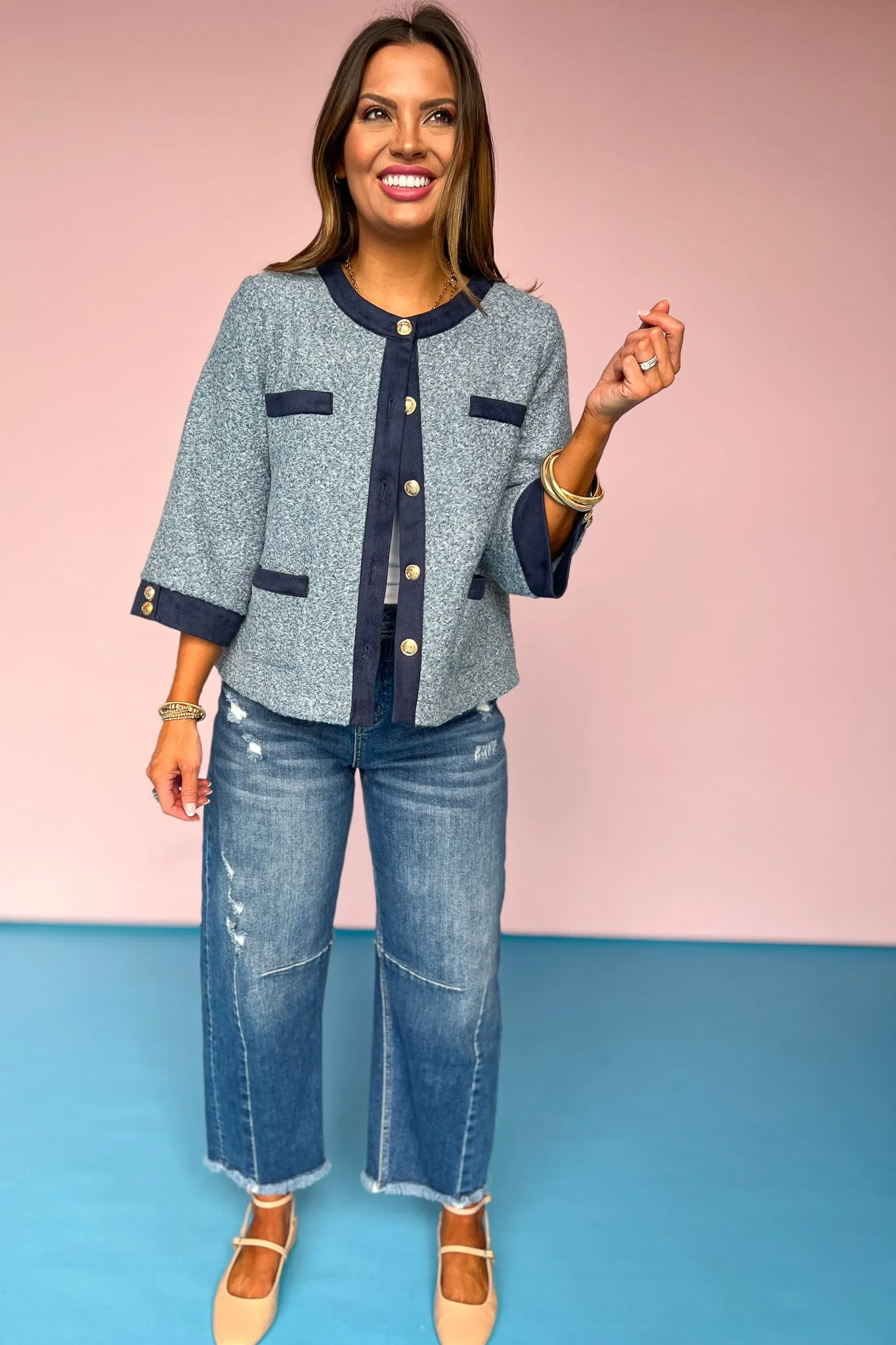 Blue Wool Textured Pocket Accent Button Jacket