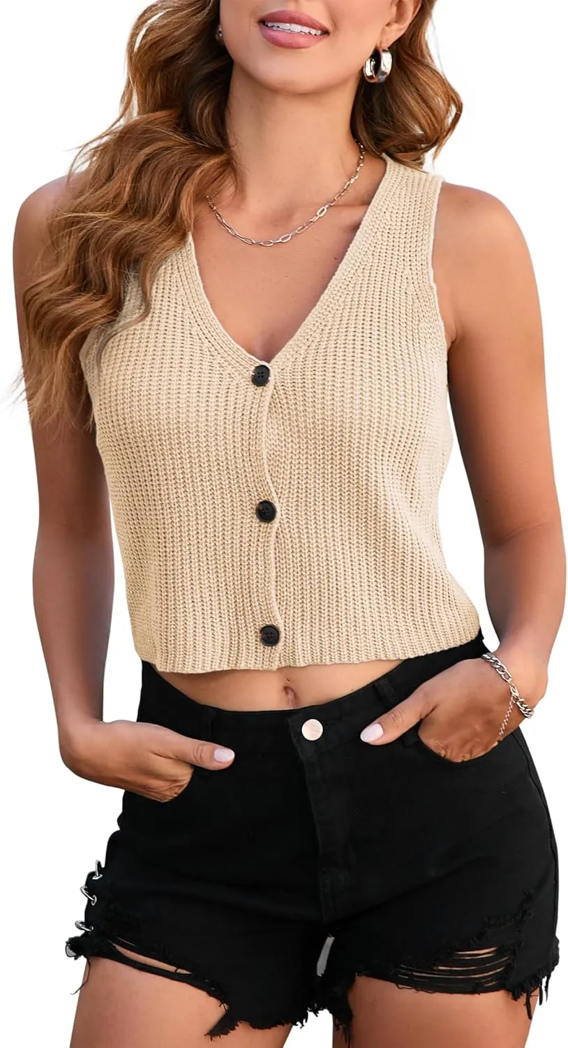 BLUEMING Women's V Neck Sleeveless Cropped Knit Cardigan Button Open Front Sweaters Vest Top