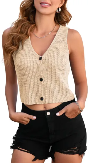 BLUEMING Women's V Neck Sleeveless Cropped Knit Cardigan Button Open Front Sweaters Vest Top