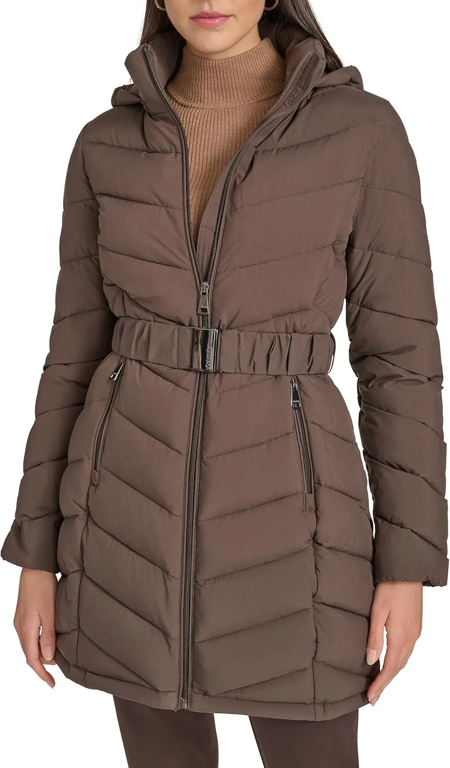 Calvin Klein Women's Everyday Hooded Zip Front Puffer Long Sleeve Coat
