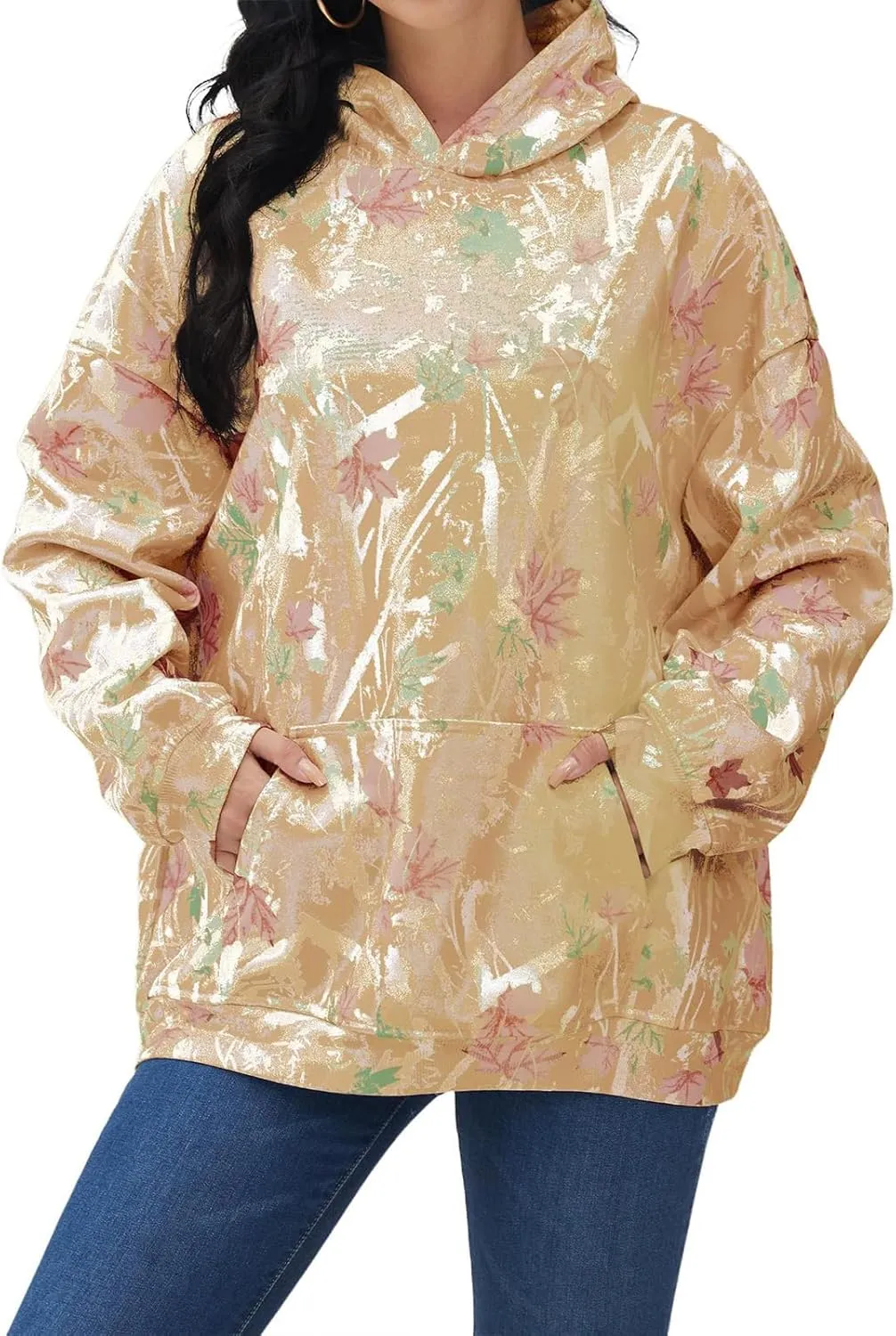 Camo Hoodie Womens Trendy Oversized Hooded Sweatshirt Maple Leaf Print Color Block Pullover Sweatshirts