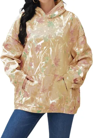 Camo Hoodie Womens Trendy Oversized Hooded Sweatshirt Maple Leaf Print Color Block Pullover Sweatshirts