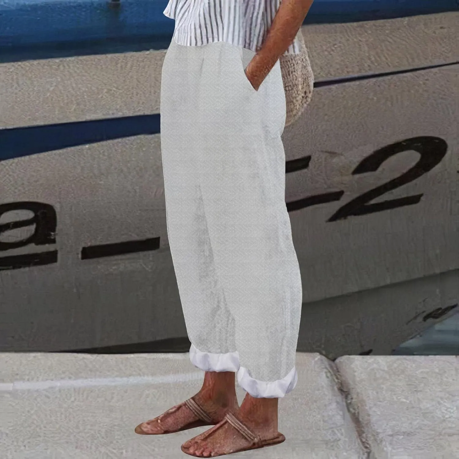 Capri Pants for Women Cotton Linen Elastic High Waisted Straight Leg Lounge Pants Casual Loose Summer Trousers