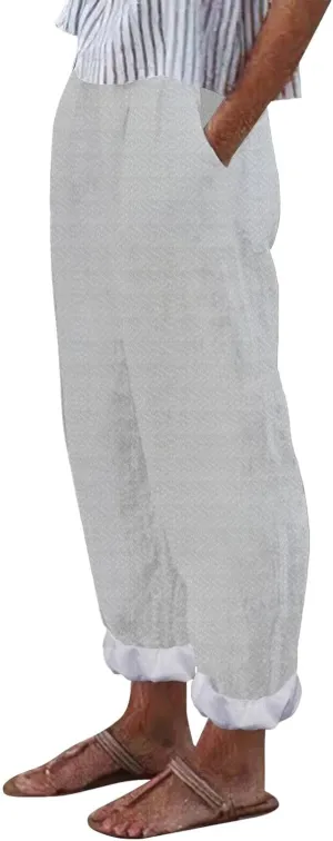 Capri Pants for Women Cotton Linen Elastic High Waisted Straight Leg Lounge Pants Casual Loose Summer Trousers