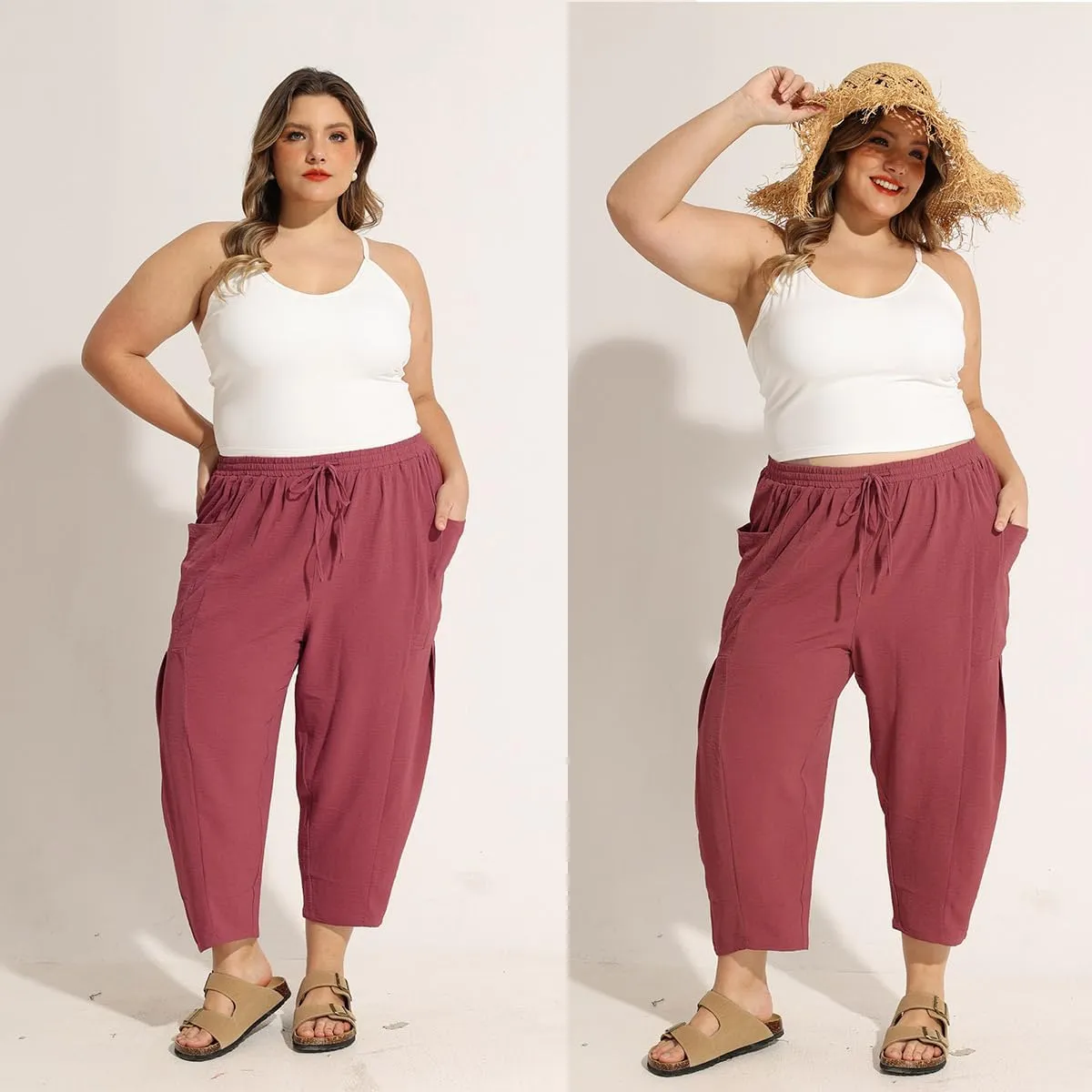 CARCOS Plus Size Pants Womens Summer Palazzo Harem Pants Drawstring Lantern Beach Pant Ankle Vacation Pant with Pocket Xl-5XL