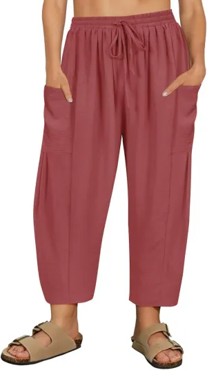 CARCOS Plus Size Pants Womens Summer Palazzo Harem Pants Drawstring Lantern Beach Pant Ankle Vacation Pant with Pocket Xl-5XL