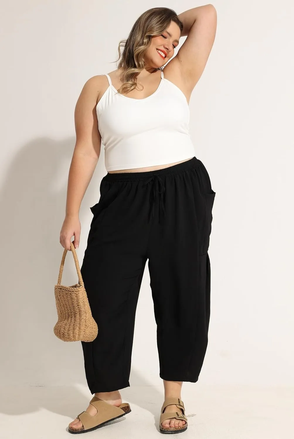 CARCOS Plus Size Pants Womens Summer Palazzo Harem Pants Drawstring Lantern Beach Pant Ankle Vacation Pant with Pocket Xl-5XL