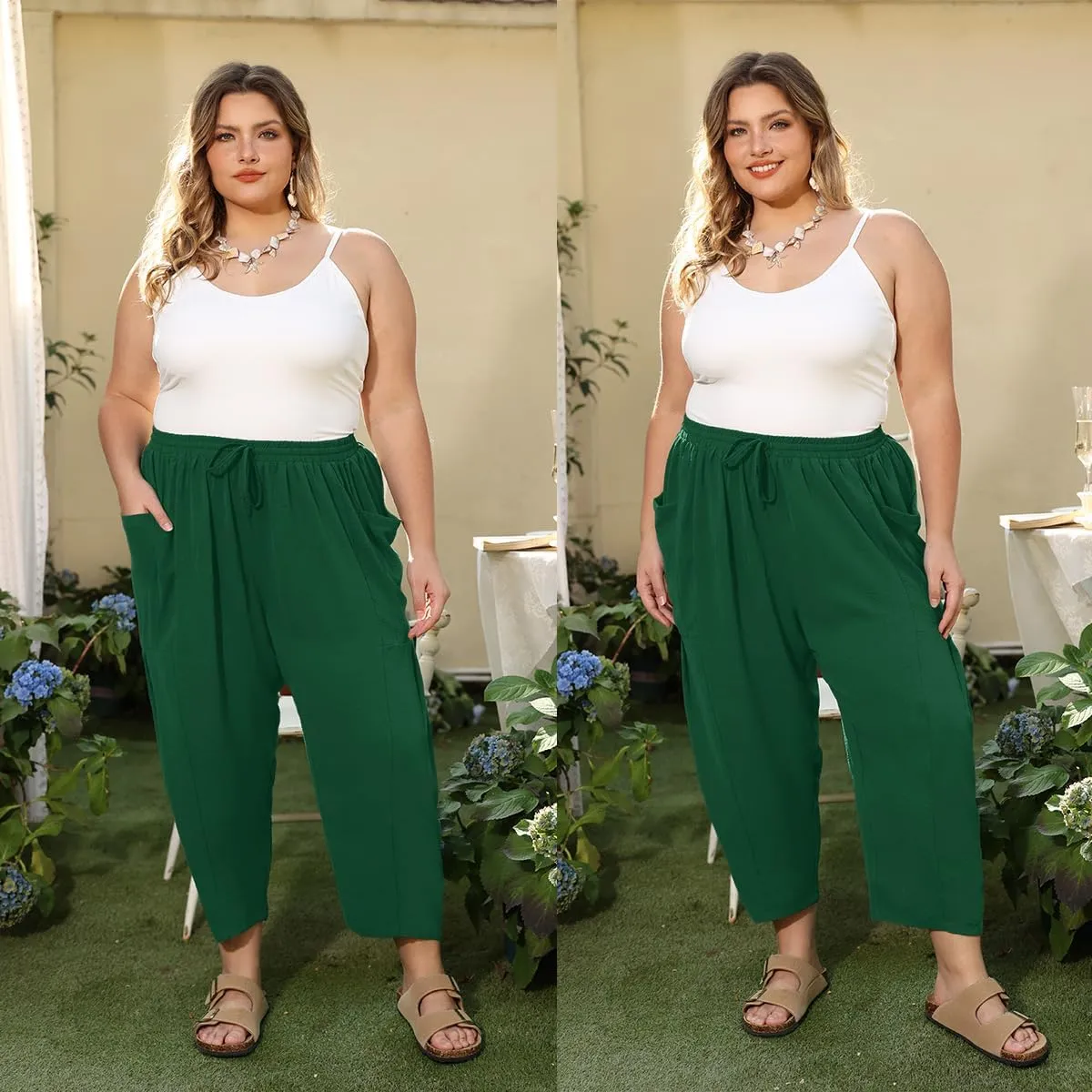 CARCOS Plus Size Pants Womens Summer Palazzo Harem Pants Drawstring Lantern Beach Pant Ankle Vacation Pant with Pocket Xl-5XL