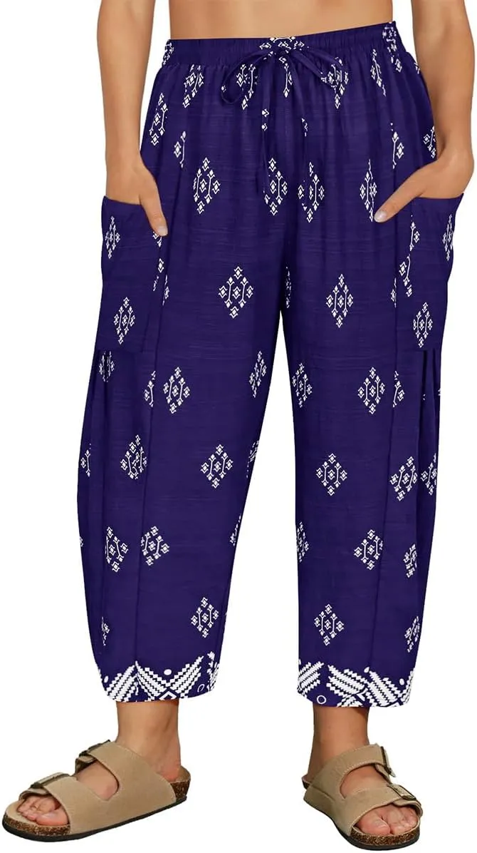 CARCOS Plus Size Pants Womens Summer Palazzo Harem Pants Drawstring Lantern Beach Pant Ankle Vacation Pant with Pocket Xl-5XL