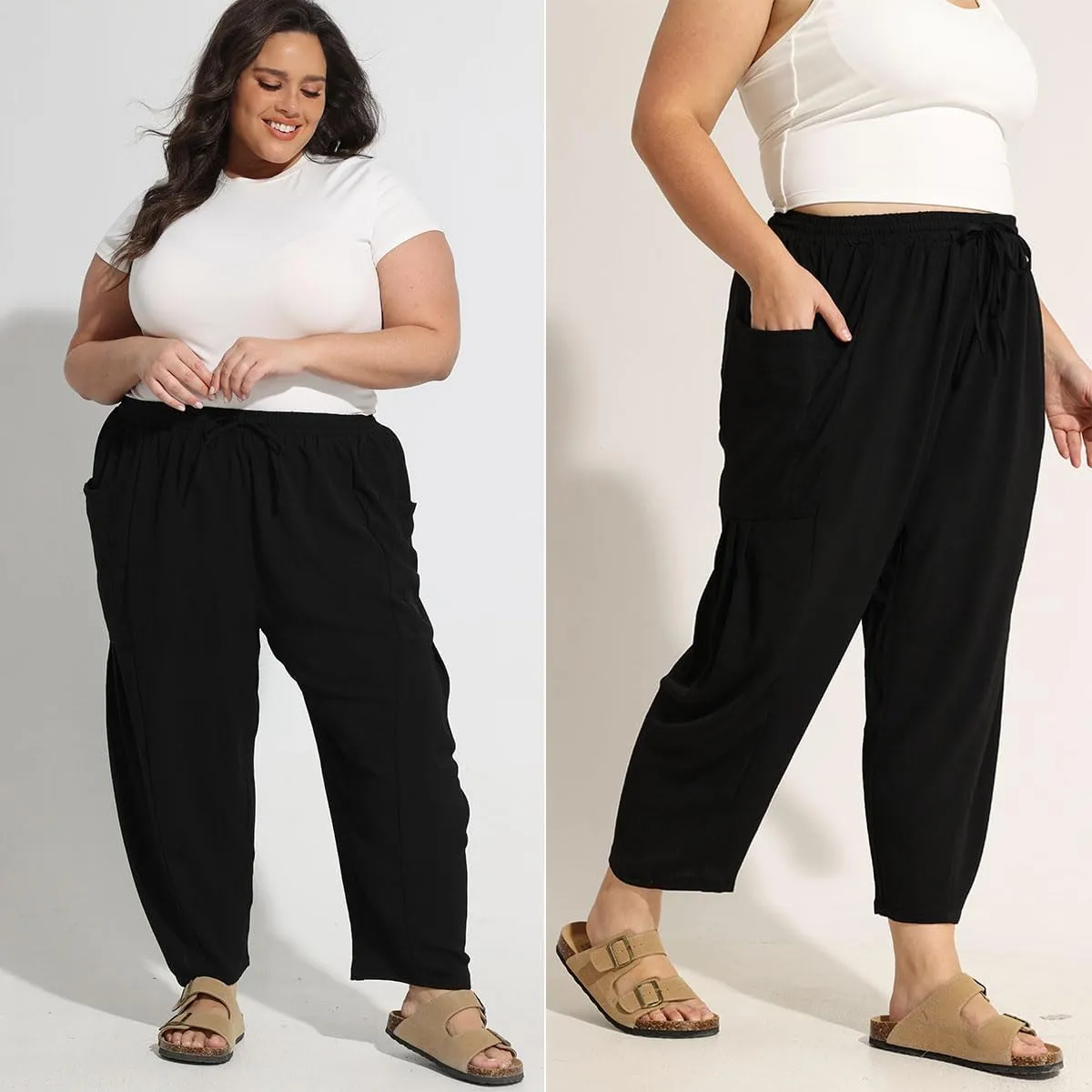 CARCOS Plus Size Pants Womens Summer Palazzo Harem Pants Drawstring Lantern Beach Pant Ankle Vacation Pant with Pocket Xl-5XL