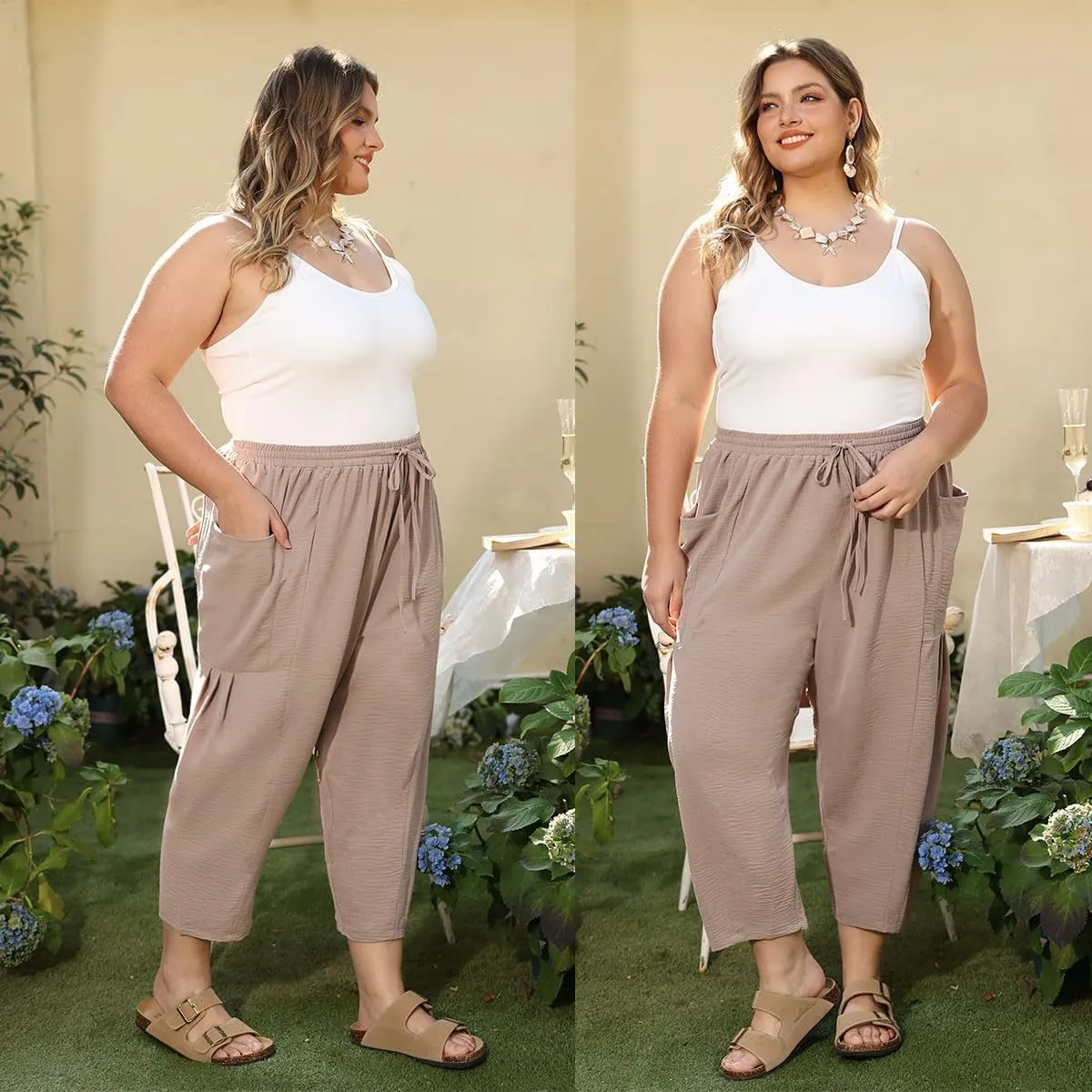 CARCOS Plus Size Pants Womens Summer Palazzo Harem Pants Drawstring Lantern Beach Pant Ankle Vacation Pant with Pocket Xl-5XL