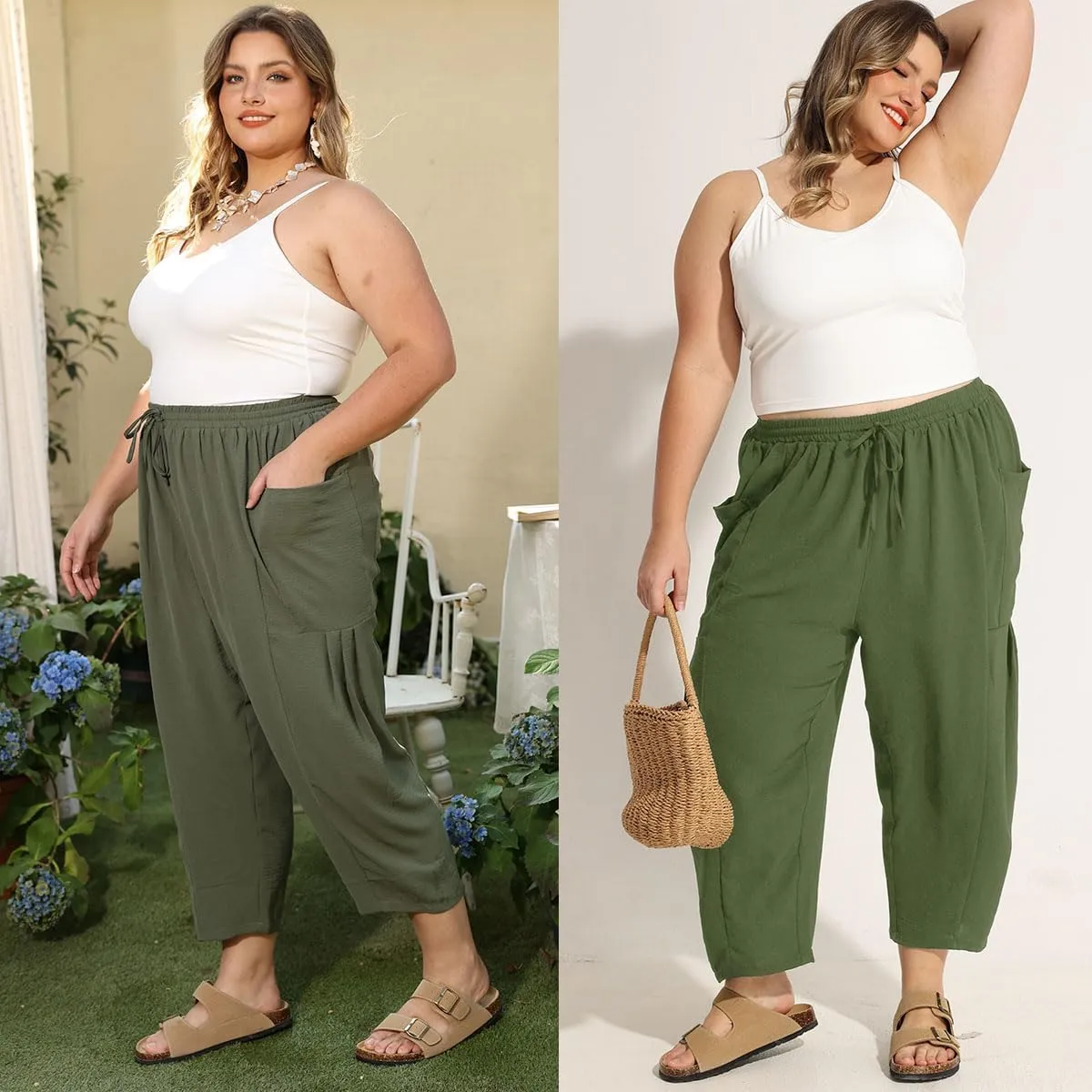 CARCOS Plus Size Pants Womens Summer Palazzo Harem Pants Drawstring Lantern Beach Pant Ankle Vacation Pant with Pocket Xl-5XL
