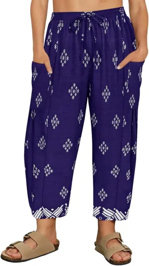 CARCOS Plus Size Pants Womens Summer Palazzo Harem Pants Drawstring Lantern Beach Pant Ankle Vacation Pant with Pocket Xl-5XL