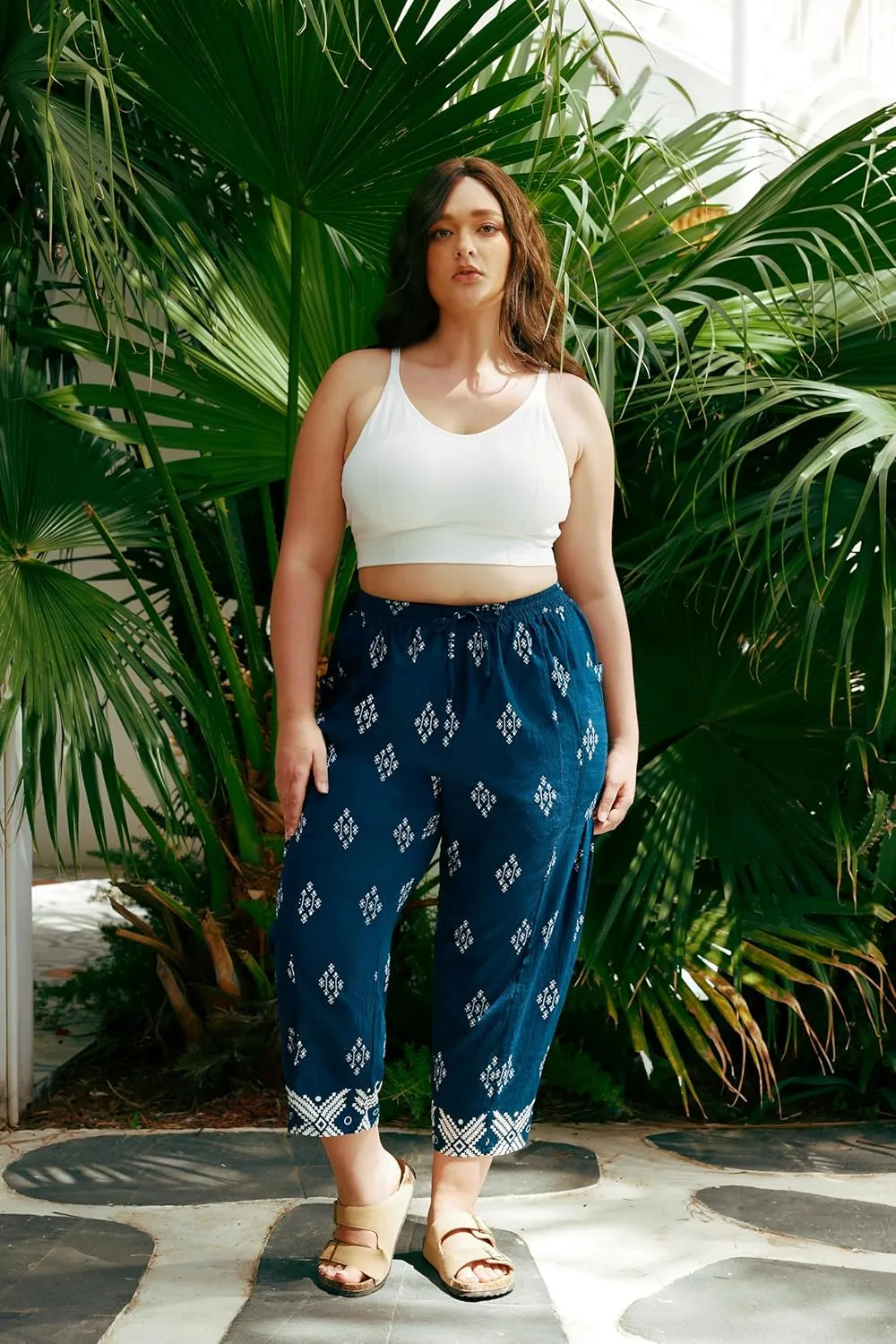 CARCOS Plus Size Pants Womens Summer Palazzo Harem Pants Drawstring Lantern Beach Pant Ankle Vacation Pant with Pocket Xl-5XL