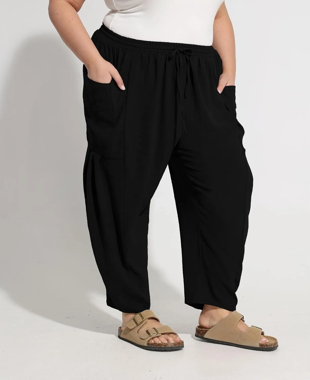 CARCOS Plus Size Pants Womens Summer Palazzo Harem Pants Drawstring Lantern Beach Pant Ankle Vacation Pant with Pocket Xl-5XL