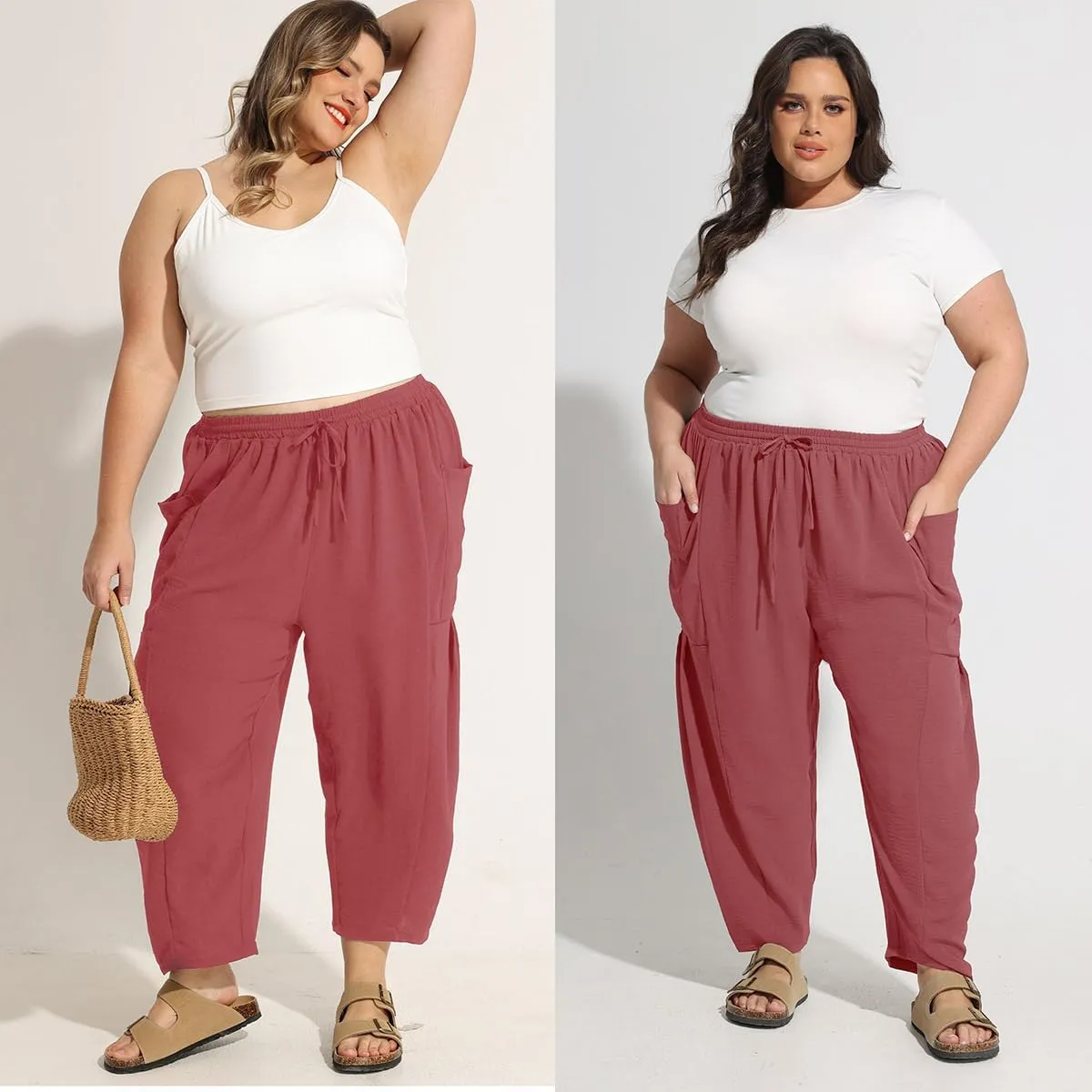 CARCOS Plus Size Pants Womens Summer Palazzo Harem Pants Drawstring Lantern Beach Pant Ankle Vacation Pant with Pocket Xl-5XL