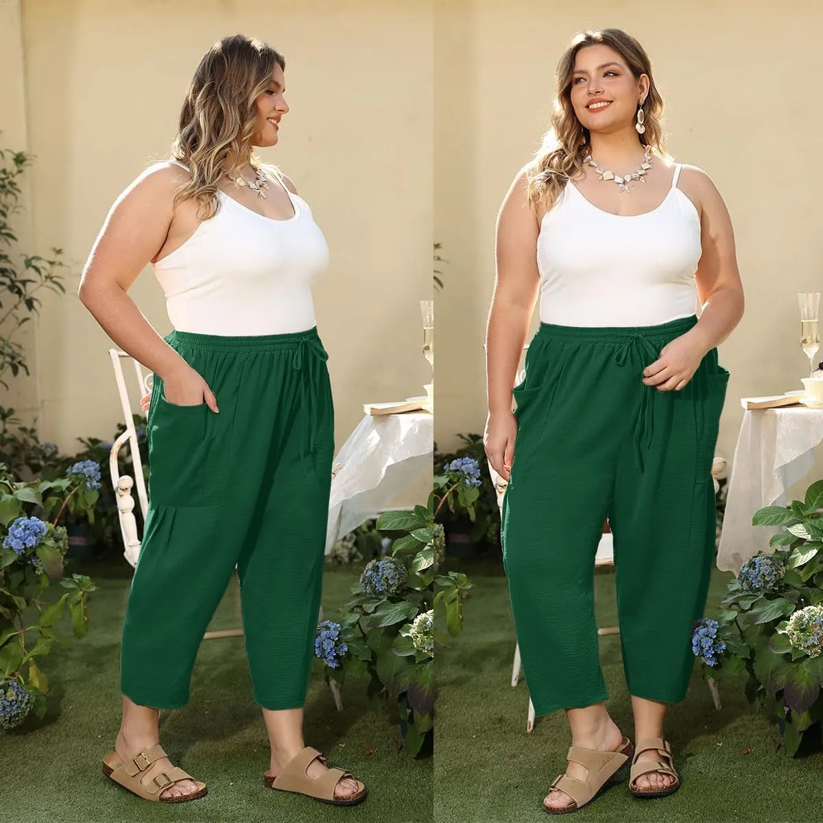 CARCOS Plus Size Pants Womens Summer Palazzo Harem Pants Drawstring Lantern Beach Pant Ankle Vacation Pant with Pocket Xl-5XL