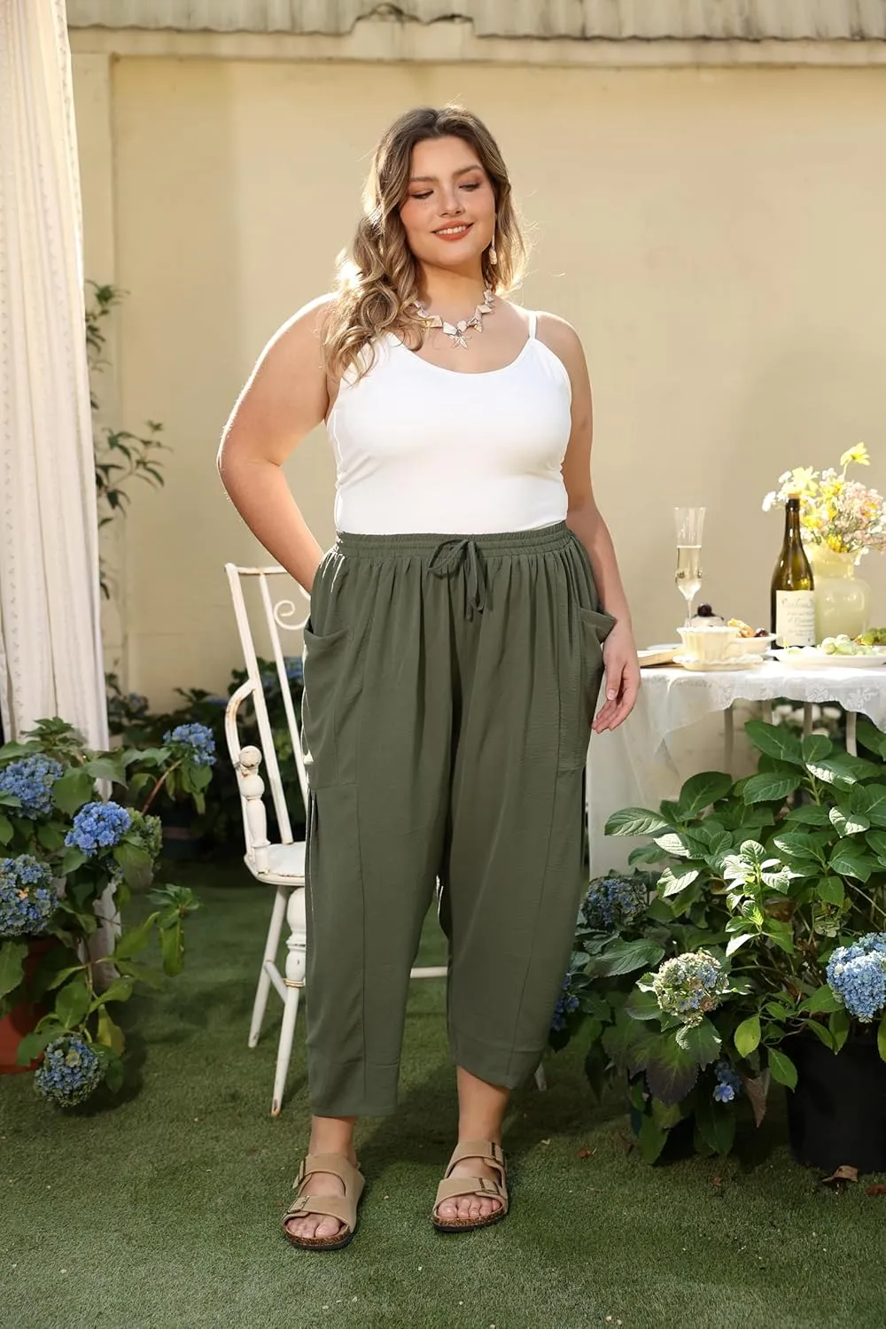 CARCOS Plus Size Pants Womens Summer Palazzo Harem Pants Drawstring Lantern Beach Pant Ankle Vacation Pant with Pocket Xl-5XL