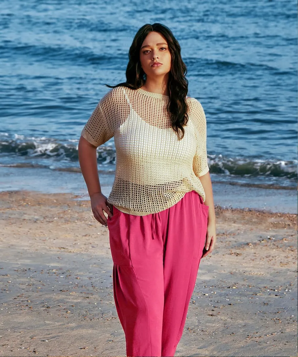 CARCOS Plus Size Pants Womens Summer Palazzo Pants Drawstring Wide Leg Harem Beach Pant with Pockets Vacation Outfits XL-5XL