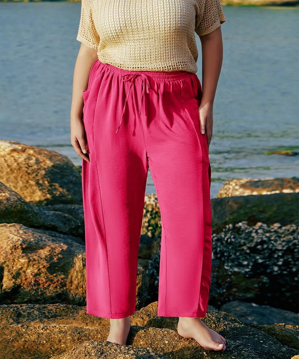 CARCOS Plus Size Pants Womens Summer Palazzo Pants Drawstring Wide Leg Harem Beach Pant with Pockets Vacation Outfits XL-5XL