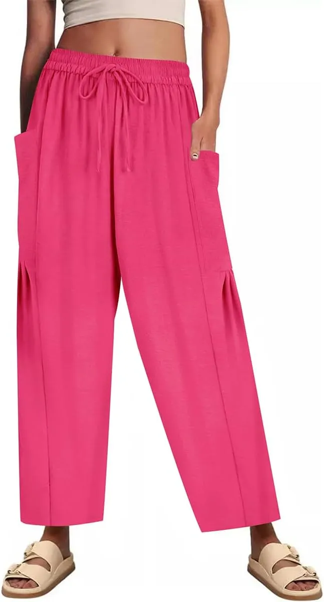 CARCOS Plus Size Pants Womens Summer Palazzo Pants Drawstring Wide Leg Harem Beach Pant with Pockets Vacation Outfits XL-5XL