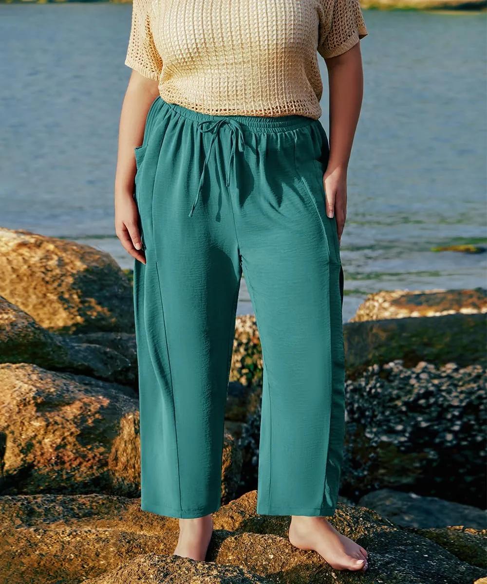 CARCOS Plus Size Pants Womens Summer Palazzo Pants Drawstring Wide Leg Harem Beach Pant with Pockets Vacation Outfits XL-5XL