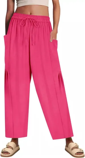 CARCOS Plus Size Pants Womens Summer Palazzo Pants Drawstring Wide Leg Harem Beach Pant with Pockets Vacation Outfits XL-5XL