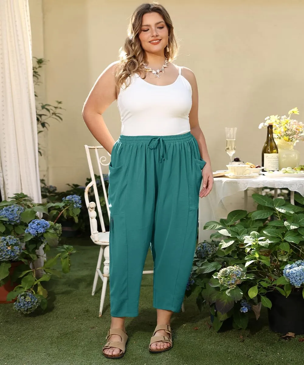 CARCOS Plus Size Pants Womens Summer Palazzo Pants Drawstring Wide Leg Harem Beach Pant with Pockets Vacation Outfits XL-5XL
