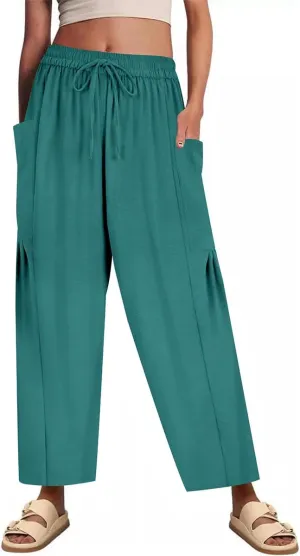 CARCOS Plus Size Pants Womens Summer Palazzo Pants Drawstring Wide Leg Harem Beach Pant with Pockets Vacation Outfits XL-5XL