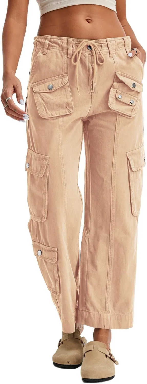 Cargo Pants for Women Low Rise Drawstring Waist 7 Pockets Hiking Work Wide Leg Pants with Zipper Button Closure