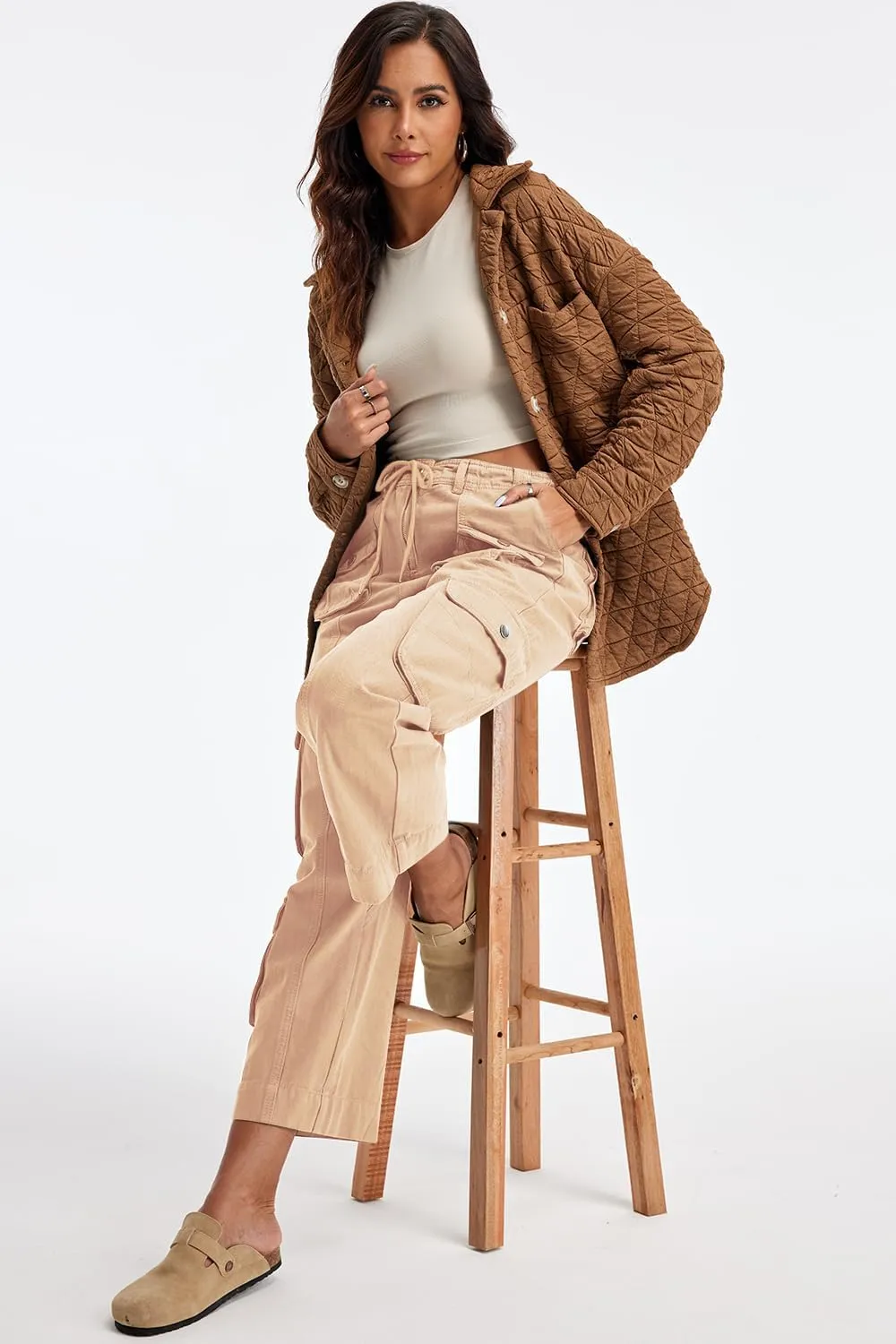 Cargo Pants for Women Low Rise Drawstring Waist 7 Pockets Hiking Work Wide Leg Pants with Zipper Button Closure