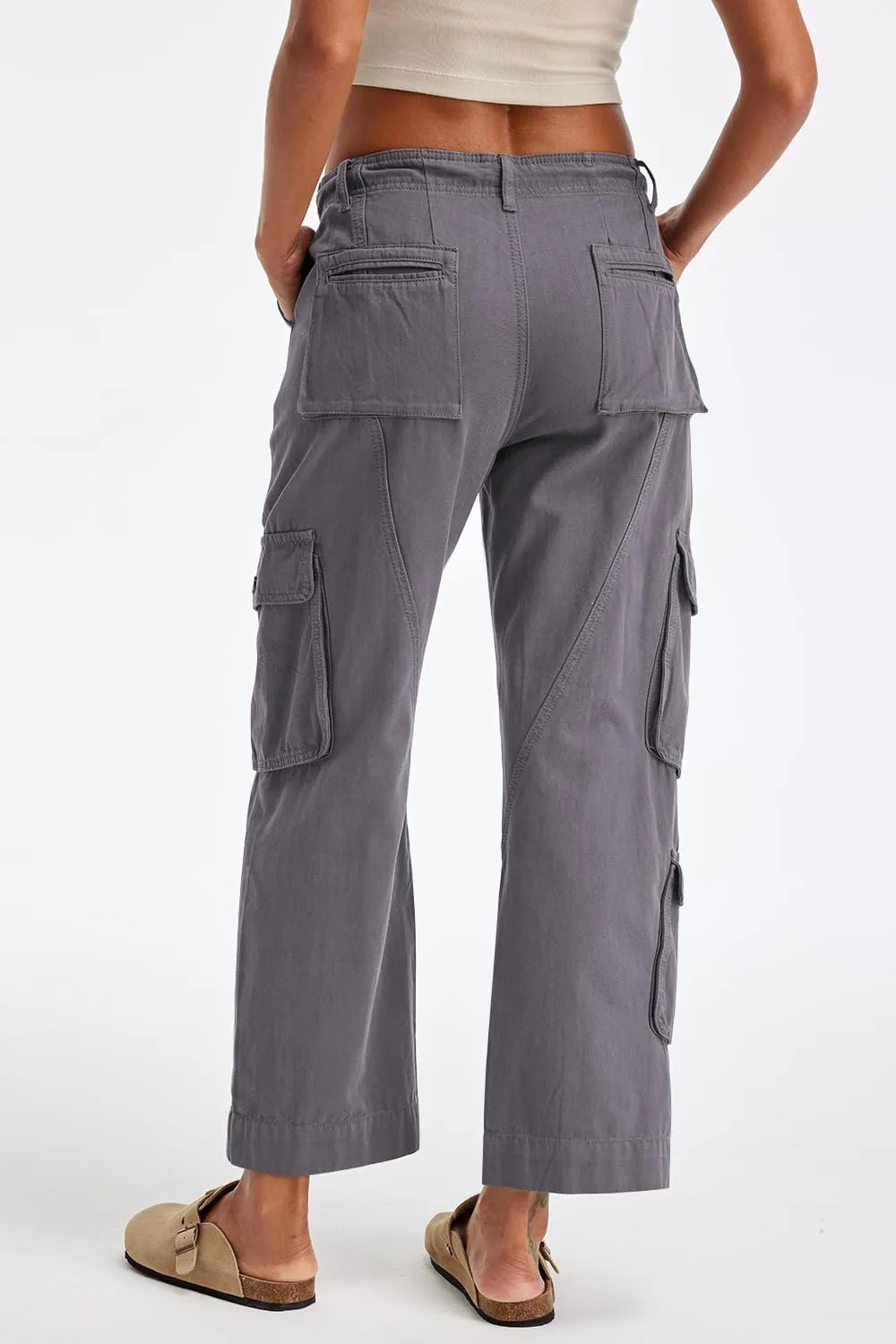 Cargo Pants for Women Low Rise Drawstring Waist 7 Pockets Hiking Work Wide Leg Pants with Zipper Button Closure