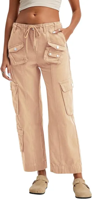 Cargo Pants for Women Low Rise Drawstring Waist 7 Pockets Hiking Work Wide Leg Pants with Zipper Button Closure