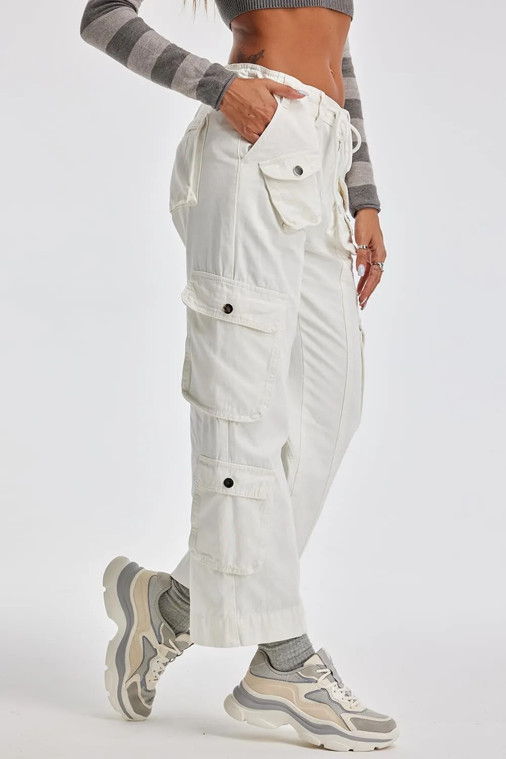 Cargo Pants for Women Low Rise Drawstring Waist 7 Pockets Hiking Work Wide Leg Pants with Zipper Button Closure