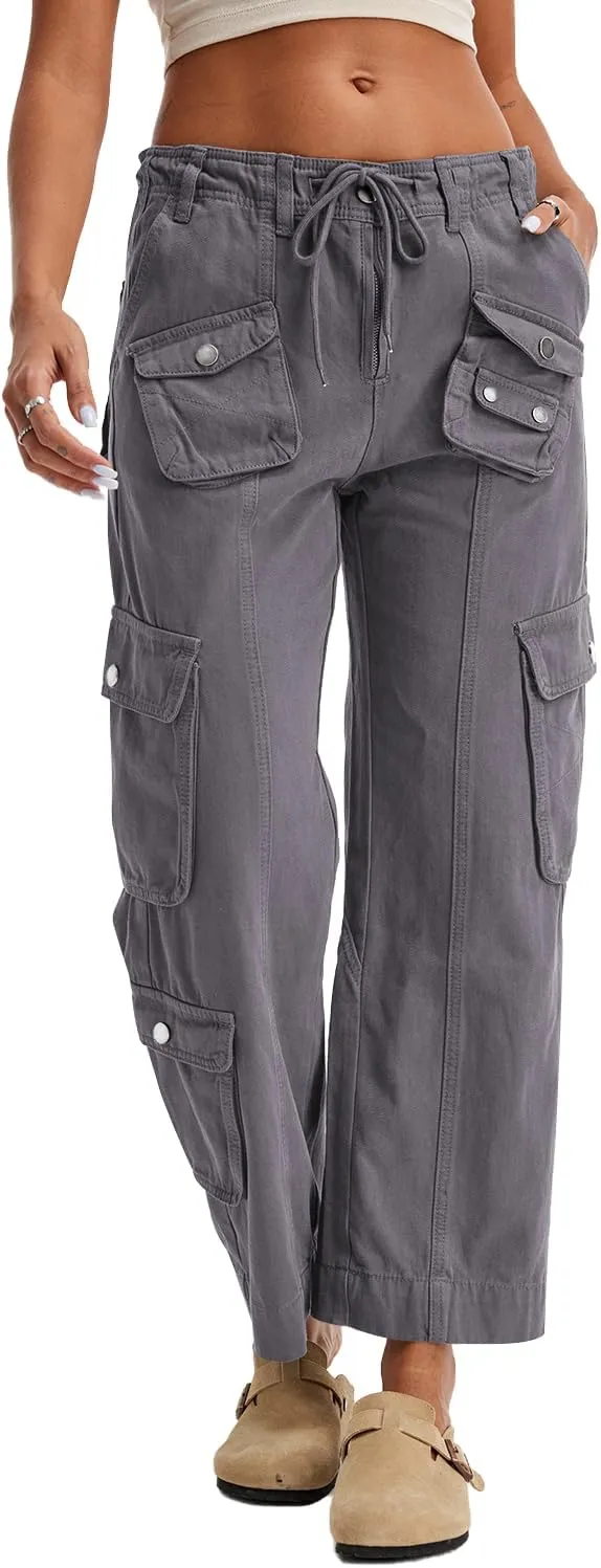 Cargo Pants for Women Low Rise Drawstring Waist 7 Pockets Hiking Work Wide Leg Pants with Zipper Button Closure
